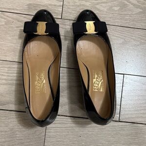 Salvatore Ferragamo Black Patent Bow Ballet Flats with Gold Plaque